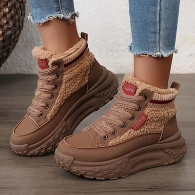 Dames Warme High-Top Sneakers Faux Fur Voering - Bruin Beige Ronde Neus Dikke Zool Casual Comfort Schoenen 38 kameel