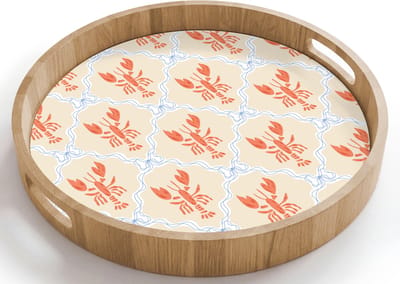 Dienblad rond 40x40 cm - Schootdienblad hout - Kreeft - Geel - Patroon - Borrelplank rechthoek - Plateau houten dienbladen