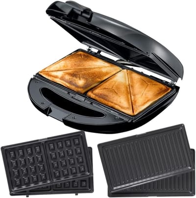 3-in-1 Keukenapparaat - Wafelijzer Grill - Maaltijden Bereiden - Drie Verwisselbare Platen - 850 Watt - Zwart