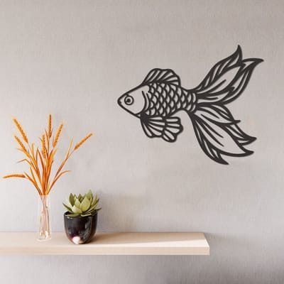 Wanddecoratie - Goudvis - Vis - Hout - Wall Art - Muurdecoratie - Zwart - 35.5 x 29 cm