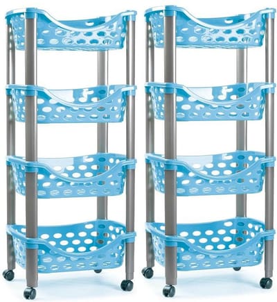 Plasticforte trolley - 2x - keukentrolley op wieltjes - 4-laags - blauw - kunststof - 40 x 88 cm - opbergtrolley