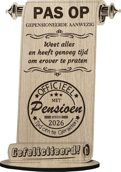 Houten Wenskaart Gepensioneerd 2026 | Grappig Cadeau voor Pensionering | Houten Decoratie met Gravure | Gefeliciteerd met Pensioen!