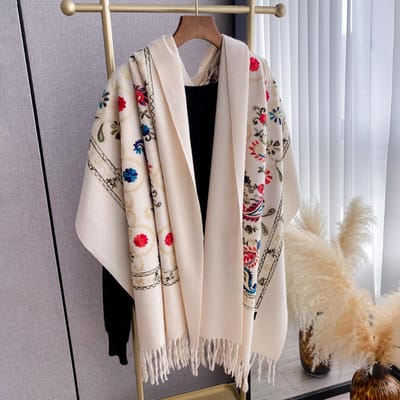 Luxe Winter Borduur Kasjmier Sjaal Dames Ontwerp Warm Pashmina Deken Poncho Sjaals Vrouwelijke Sjaal Dikke Foulard Bufanda white