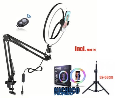 RGB Ringlamp met tafelklem & Tafel tripod – Ringlamp Met Telefoonstandaard en Mini Tripod voor Livestreamen & Vloggen – Arm Standaard Met Lamp - Selfie - Ringlamp - Tik tok - Make up light - Arm Standhouder - 12” LED Ring Light Met Standhouder