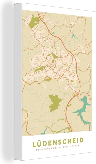 Canvas Schilderij Plattegrond - Ludenscheid - Kaart - Vintage - Stadskaart - 20x30 cm - Wanddecoratie