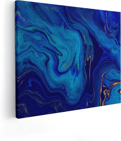 Artaza Canvas Schilderij Abstracte Kunst - 50x40 cm - Wanddecoratie Blauw - Muurdecoratie Goud - Kamer Accessoires