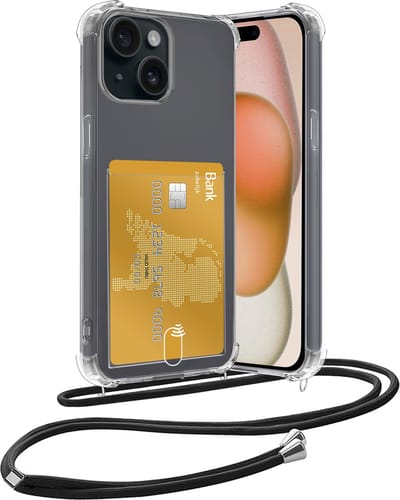 Hoesje Geschikt voor iPhone 15 Hoesje Met Telefoonketting Pasjeshouder Shockproof Case Koord - Hoesje Geschikt voor iPhone 15 Hoes Met Kaarthouder - Transparant