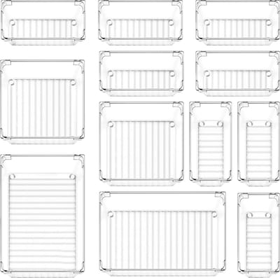 MONTKIARA Opbergsysteem voor laden, 12 stuks, make-uptafel, organizer, lade-organizer, pennenbakjes, make-up-organizer voor keuken, badkamer, kantoor (transparant)