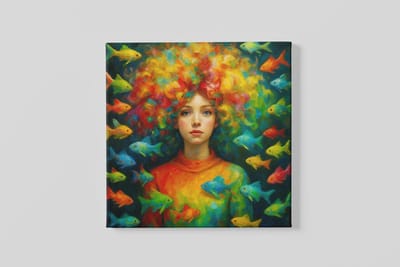 Vierkant Canvas Schilderij - Meisje met Kleurrijke Vissen - Wanddecoratie - 40x40 cm