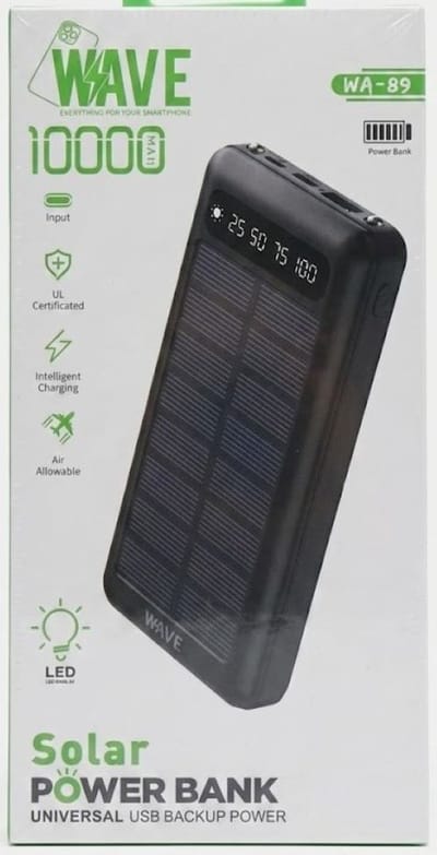 WAVE WA-89 Solar Powerbank - 10000 mAh - Draadloze Oplader op Zonne-energie - Met LED Display - Zwart