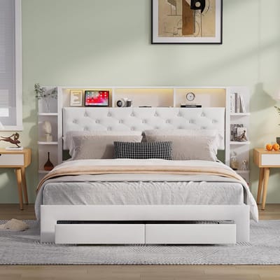 Gestoffeerd Tweepersoonsbed - Bedframe met Laden - Moderne Slaapkamer - Geïntegreerde LED en USB - 160x200cm - Beige Fluweel