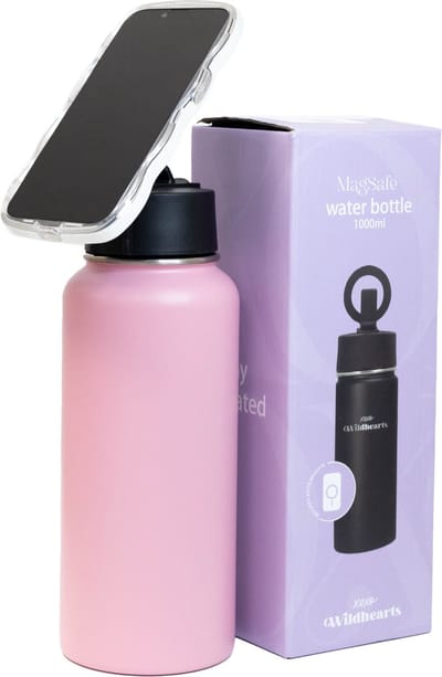 xoxo Wildhearts Waterfles / Drinkfles - 1000ml (1 Liter) - Roze - met magneet geschikt voor MagSafe - Magnetische telefoonhouder fles - BPA- & Lekvrij - Thermoskan met rietje - Thermosfles - RVS - Voor warme en koude dranken