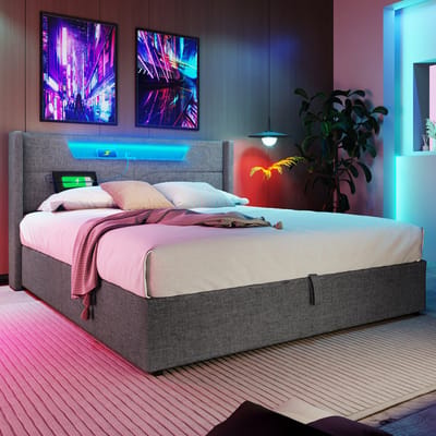 MODENUIT Gestoffeerd bed 140x200 cm – LED-hoofdbord met USB en USB-C – Opbergruimte – Linnen – Zonder matras – Grijs