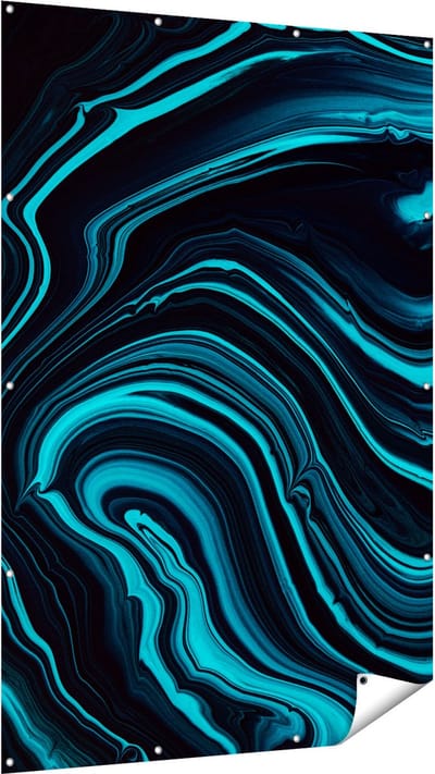 Gards Tuinposter Abstracte Kunst - Aqua Blauw met Zwart - 120x180 cm - Tuindoek - Tuindecoratie - Wanddecoratie buiten - Tuinschilderij