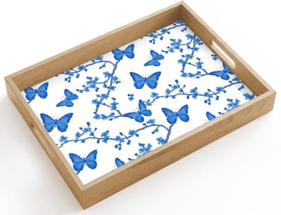 Dienblad hout 40x30 cm - Schootdienblad - Vlinder - Bloemen - Blauw - Borrelplank rechthoek - Plateau dienbladen