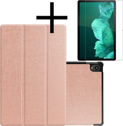 Hoes - Geschikt voor Lenovo Tab P11 Plus - Met Screenprotector - Trifold Bookcase - Hard Cover - Hardcover Book Case - Tablet Hoesje - Rosé goud