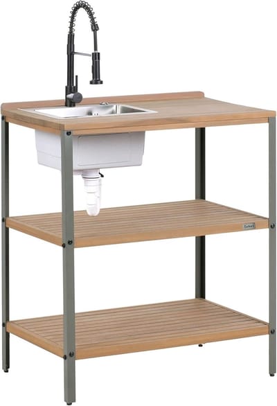 Buitenkeuken Eiland - Houten Aanrecht - Buiten Koken - Met Spoelbak - 80x50x92 cm - Bruin Zwart
