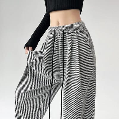 Gestreept Wijde Pijpen Broek Gedrapeerde Broek voor Dames Lente en Herfst Nieuw Hoge Taille Afslankende Vloerbroek Losse Rechte Pijp Casual Broek 3XL gray