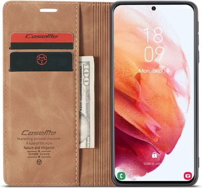 Retro Wallet Slim Case - Telefoonhoesje - Portemonnee Hoesje voor Samsung Galaxy S21 Plus - Lichtbruin