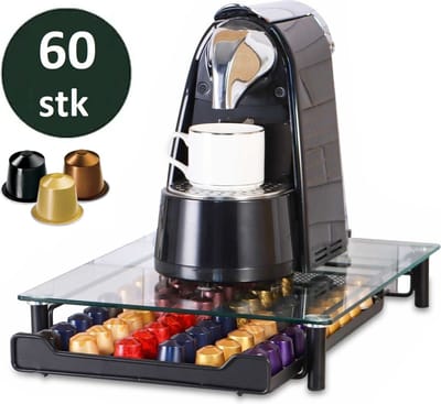 Cheffinger - Glazen Capsule Houder met Lade - 60 Cups - Espresso Koffie Pad en Cups Houder - Glas en RVS - Zwart