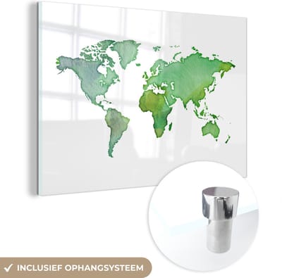 ® Glasschilderij 150x100 cm - Schilderij acrylglas - Wereldkaart - Waterverf - Groen - Foto op glas - Muurdecoratie woonkamer - Wanddecoratie slaapkamer - Schilderijen