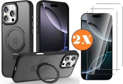 Hoesje Geschikt voor iPhone 16 Pro Max MagSafe Hoesje met Ring Stand Zwart - Hoesje MagSafe iPhone 16 Pro Max Screenprotector Gehard Glas 2X