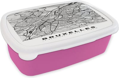 Broodtrommel Roze - Lunchbox - Brooddoos - Plattegrond – Brussel – Zwart Wit – Stadskaart - Kaart - 18x12x6 cm - Kinderen - Meisje