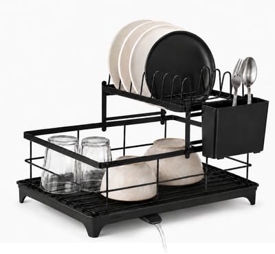 Caryota Afdruiprek - Afwasrek met Lekbak - Roestvrij - Vaatwasrek - Verstelbare Afvoer - Keuken Accessoires - 40 x 28 x 29.5 cm - Extra Ruim - Zwart