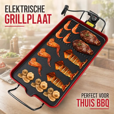 Elektrische Grillplaat / Bakplaat / Tafelgrill – 70cm snoer, EU-stekker – Voor vlees, groenten, pannenkoeken, eieren & BBQ – Thuis, tuin, camping & feestjes – Incl. handleiding