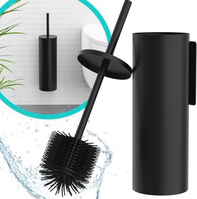 Toiletborstelset Mat Zwart - Siliconen Borstel en Wandbevestiging zonder Boren - Hygiënische Toiletaccessoires