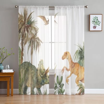 Aquarel Dinosauriërs Transparante Raamgordijnen Voor Woonkamer Slaapkamer Voile Tule Gordijnen Stof Draperieën Voor Keuken 135W x 160H(cm)