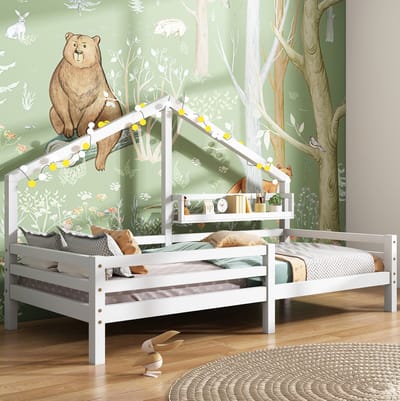 MEUNIQ Kinderbed huisbed 90x200 cm met opbergplank, uitvalbeveiliging en lattenbodem, grenenhouten bedframe voor kinderkamer, wit
