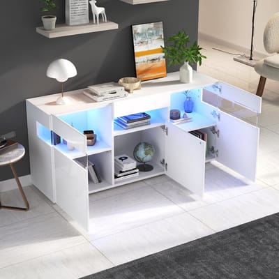 STILVORA Sideboard – Wit Hoogglans Dressoir Met LED-Lichtstrip En Transparante Acryldeuren – 3 Deuren 7 Vakken Voor Woonkamer – Spaanplaat – 140x40,5x66,5 cm