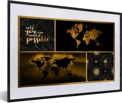 Poster in lijst - Fotolijst 60x40 cm - Posters - Wereldkaart - - Luxe - Goud - Posterlijst zwart - Decoratie - Wanddecoratie woonkamer - Muurdecoratie slaapkamer