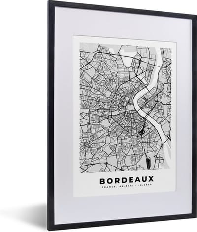 Fotolijst incl. Poster - Plattegrond - Bordeaux - Stadskaart - Kaart - Frankrijk - 30x40 cm - Posterlijst