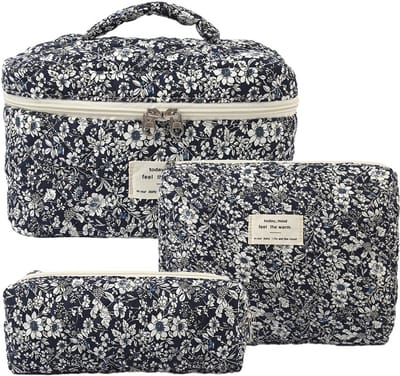 Set van 3 Make-up Tasjes Gewatteerd Bloemen Katoen – Grote Capaciteit Esthetische Cosmetische Tas & Toilettas voor Vrouwen – Reistas Organizer met Ritssluiting -Zwarte roos, 3-delige set [Groot + Medium + Klein]