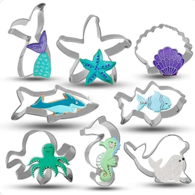 Uitsteekvormen Set met Zee Dieren en Zeemeeminstaart - 8 stuks vormen voor Koekjes, Fondant en Klei - RVS Cookie Cutters met Vis, Zeester, Inktvis, Schelp etc. 6-7CM