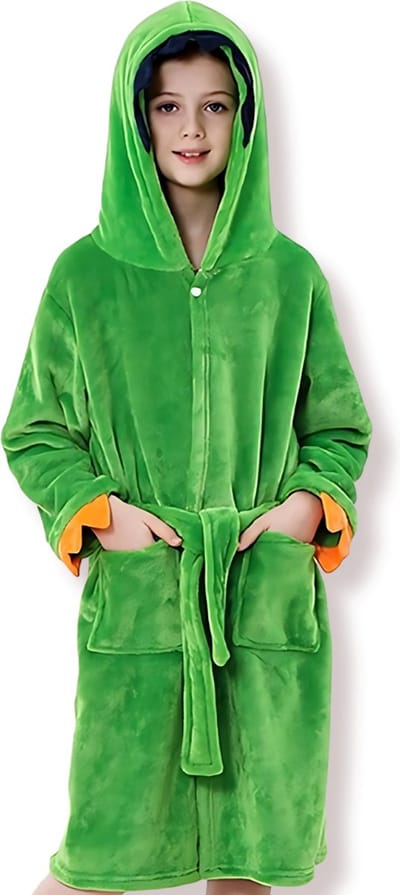 BoefieBoef Warme Dinosaurus Badjas Flanel Kinderen 9-13 Jaar – Warme Flanellen T-Rex Ochtendjas met Dieren Capuchon – Cosplay Verkleed Pyjama voor Carnaval Zwemles & Nachtkleding – Jongens & Meisjes – Perfect Cadeau Verjaardag - Groen XL