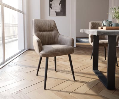 Gestoffeerde-stoel Zelia-Flex met armleuning 4-poot conisch zwart microvelours taupe vintage pocketveer kern