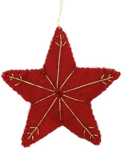 Luna-Leena duurzame ster hanger - rood en goud draad - vilt wol - handgemaakt in Nepal - star hanger - kersthanger - kerstster - kerstcadeau - kerstboom hanger - cadeau - kado - kerst gift - kerstfeest - kersdecoratie