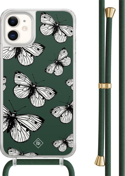 Casimoda® hoesje met groen koord - Geschikt voor iPhone 11 - Vlinders - Afneembaar koord - TPU/acryl - Groen