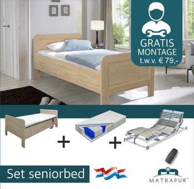 Seniorenbed Compleet elektrische set ledikant seniorenbed 90x200 cm eiken + 42-lats Elektrisch Verstelbaar + Diva De Luxe 7 zone pocketveermatras