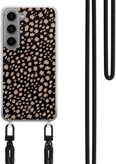Hoesje met koord geschikt voor Samsung Galaxy S23 - Savannah spots - Inclusief Zwart koord - Crossbody beschermhoes - Transparant, Zwart, Bruin - Mooie Telefoonhoesjes
