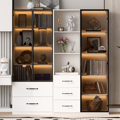 Boekenkast - 140 x 40 x 160 cm - Vitrine met LED - Soft-close en Stofvrij Design - Glas - Wit