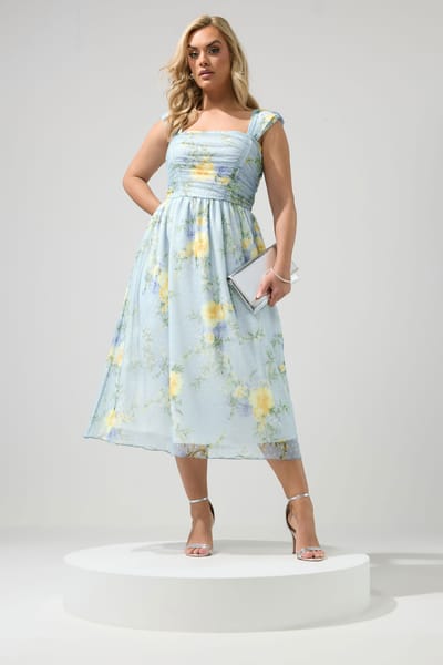 Yours London Blauwe Skaterjurk Met Bloemenprint, Mesh En Stippen Size 42