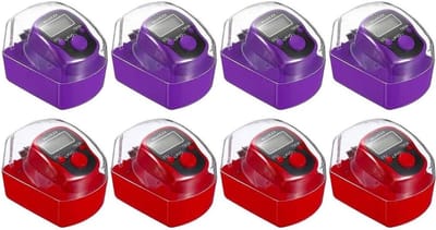 8 Stuks LED Handmatige Tellers, Digitale Vinger Tellers voor Sport, Fitness en Oefeningen, 5-Cijferige Telapparaten met Opbergdoos, Geschikt voor Golf en Training (Paars, Rood)