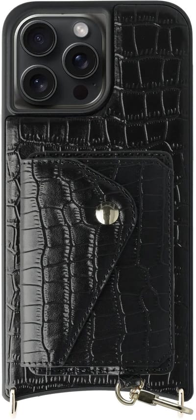 AVY Leren Hoesje Geschikt voor Apple iPhone 15 Pro Max | Met Magnetische Kaarthouder | Compatibel met MagSafe | Leather Case met Wallet | Croco Zwart