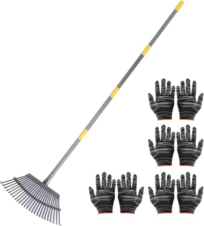 Tuinhark 25 Tanden - Rieten Hark Gazon - Efficiënt Gras Harken - Verstelbaar Tot 160cm - 45cm Werkbreedte - Zilver Zwart
