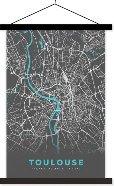 Posterhanger incl. Poster 40x60 cm - Schoolplaat - Toulouse - Frankrijk - Kaart - Stadskaart - Plattegrond - Textielposter - Zwarte latten - Stadskaart