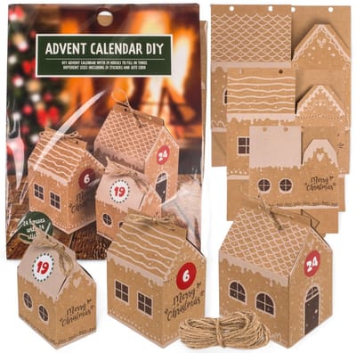 Cosensi- Adventskalender Doe-Het-Zelf - 24 Huisjes in 3 Maten - Cijferstickers - Jute Koord - Creatieve Kerstdecoratie - Ruimte voor Verrassingen - Kerstkalender